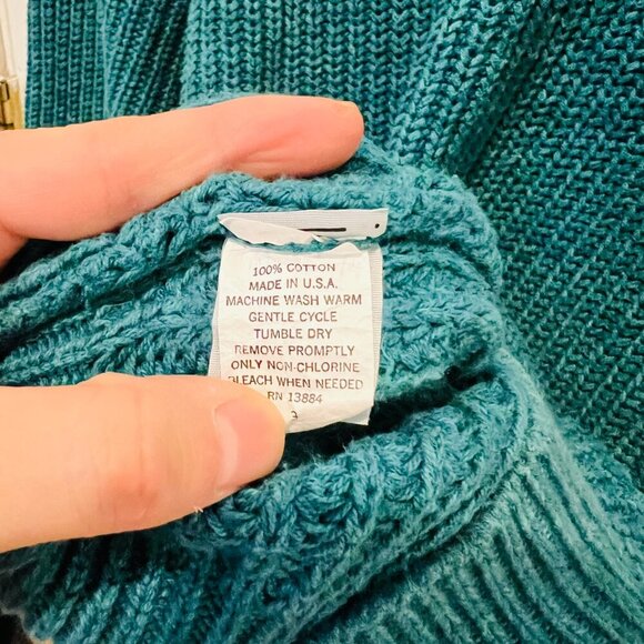 LL BEAN Sweater Heavy Cable Knit Jumper Pullover Cotton Green USA VTG Size L - Picture 14 of 16
